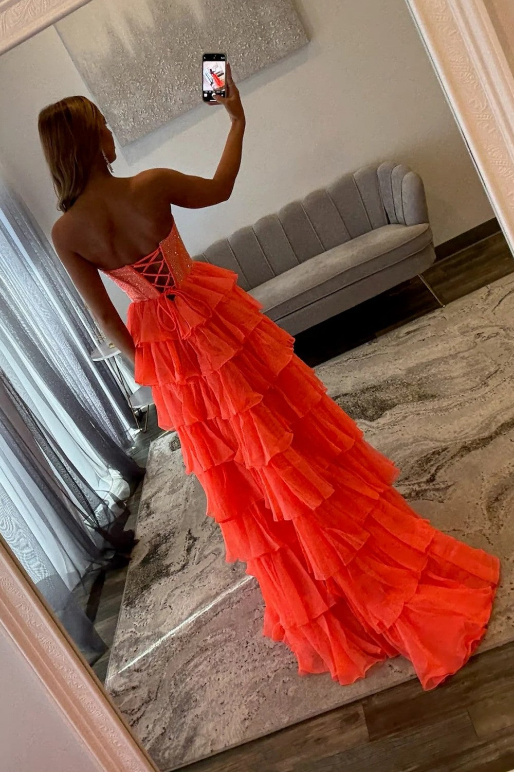 Red Ruffle Bottom Prom Dress Furlla Women Romantic Red Strapless Tiered Ruffle Prom Dress with ...