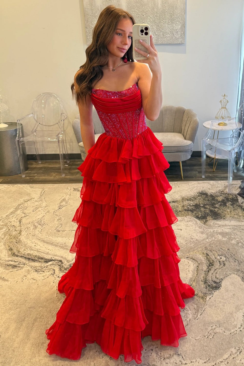 Romantic Red Strapless Tiered Ruffle Prom Dress with Corset Bodice and High Slit