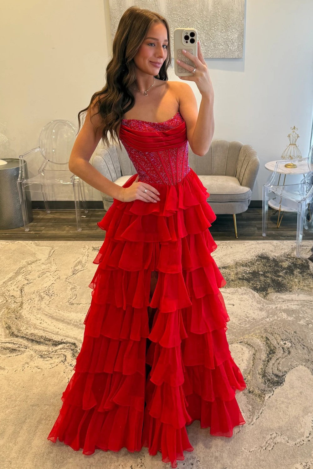 Red Ruffle Bottom Prom Dress Furlla Women Romantic Red Strapless Tiered Ruffle Prom Dress with ...
