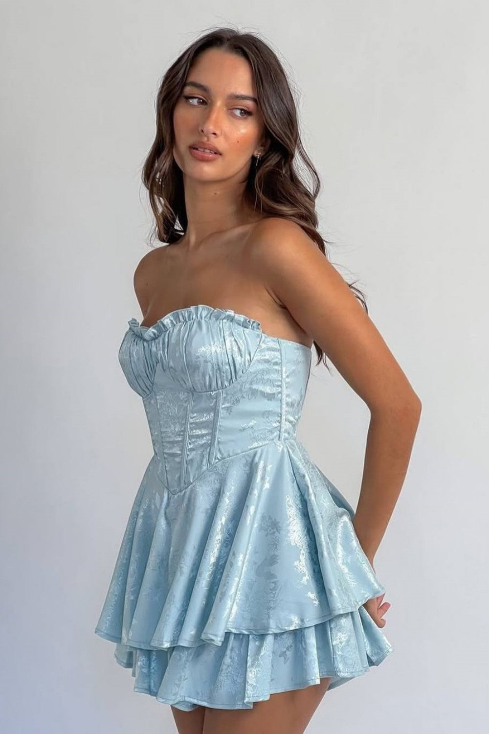 Romantic Strapless Ruffled Bust Jacquard Blue Homecoming Dress with Tiered Skirt