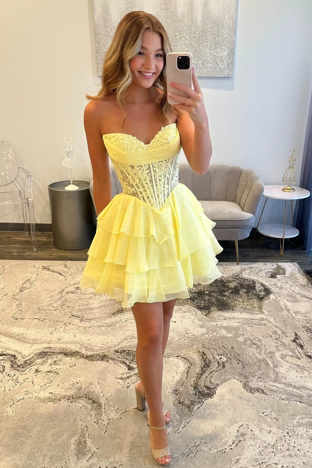 Romantic Sweetheart Lace Top Corset Mini Homecoming Dress with Tiered Skirt