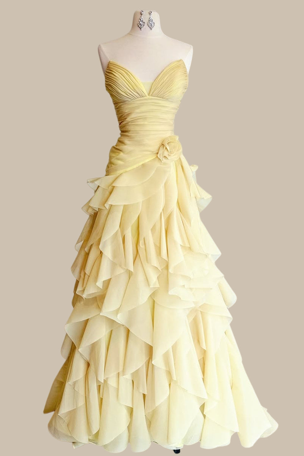 Romantic Yellow Strapless Ruffle Chiffon Prom Dress with Layered Tiered Skirt