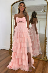 Romantic Blush Pink Strapless Chiffon Tiered Prom Gown for Formal Evenings