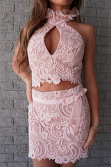 Romantic Floral Lace Two-Piece Homecoming Dress with High Neck and Mini Skirt