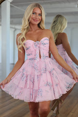 Romantic Floral Mini Homecoming Dress with Corset Bodice and Layered Skirt