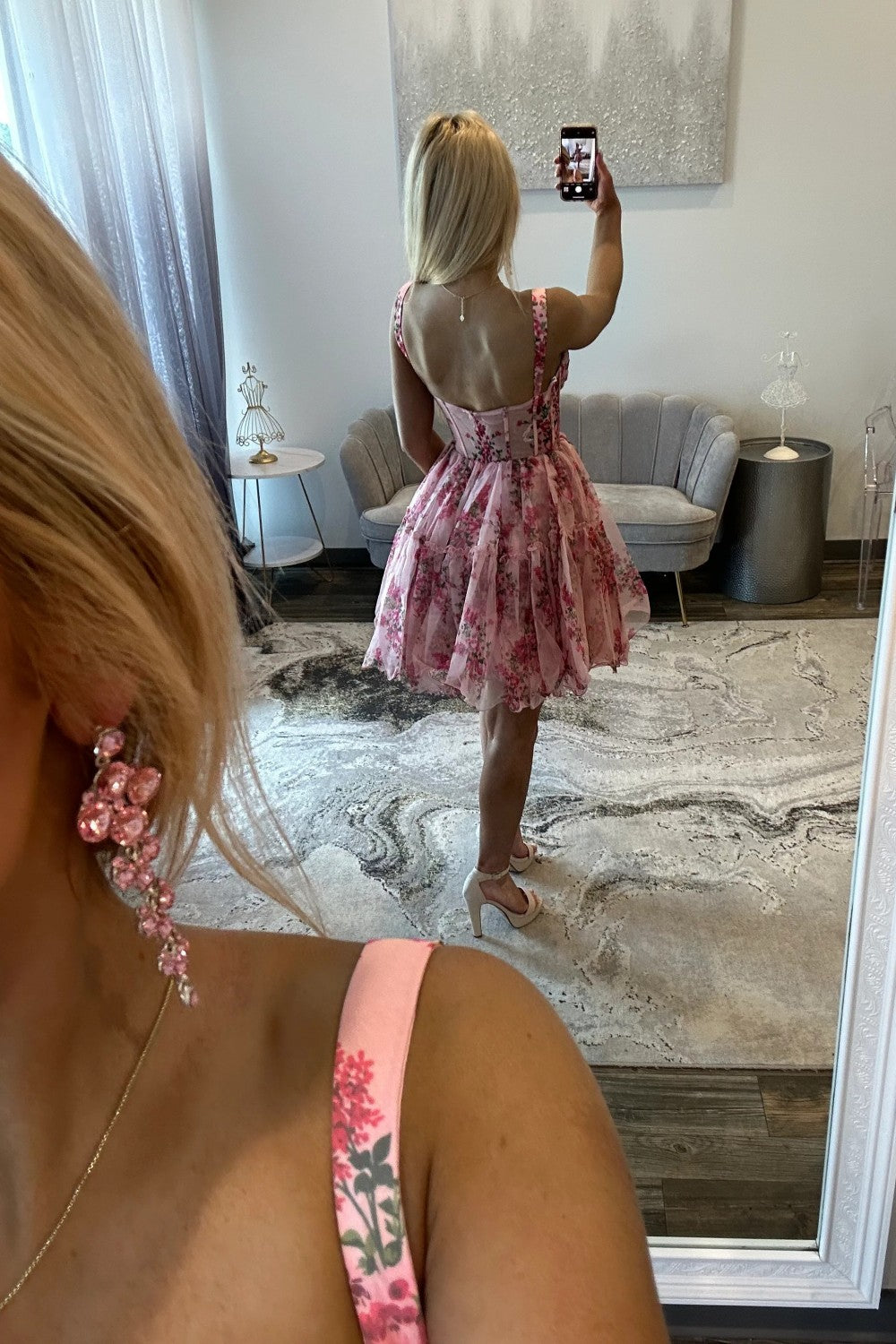Romantic Pink Floral A-Line Straps Short Print Tulle Homecoming Dress