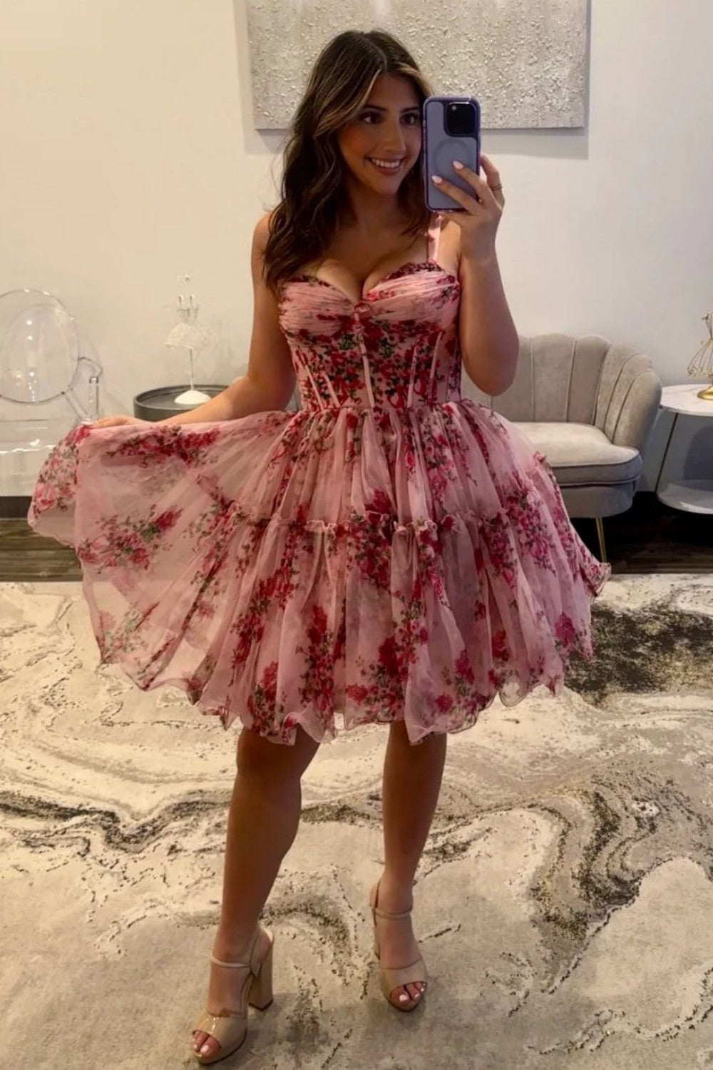 Romantic Pink Floral A-Line Straps Short Print Tulle Homecoming Dress