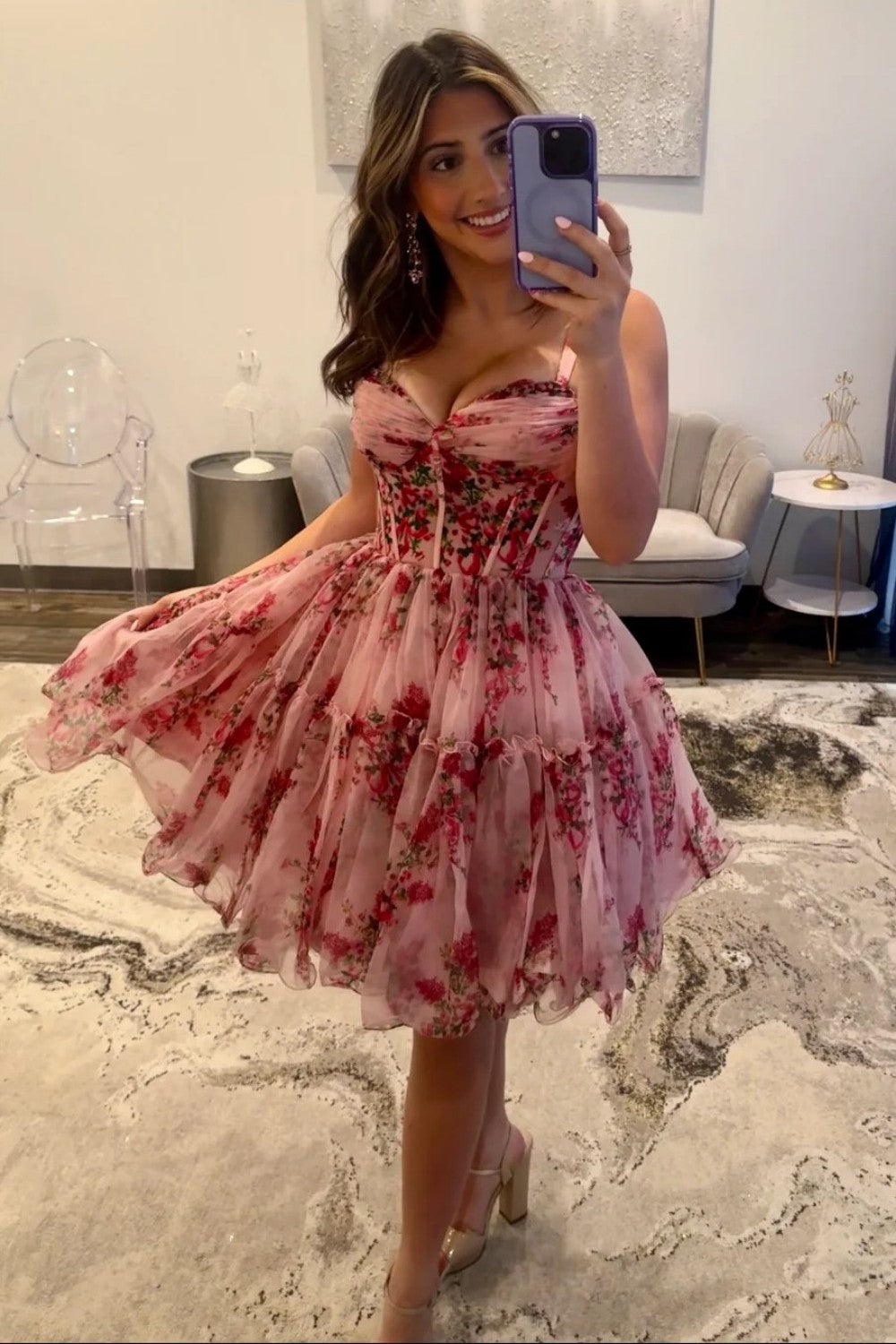 Romantic Pink Floral A-Line Straps Short Print Tulle Homecoming Dress