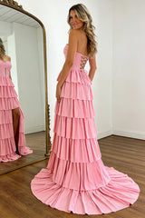 Romantic Pink Sweetheart Glitter Corset Prom Dress with High Slit and Ruffles