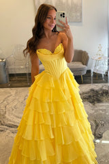 Romantic Yellow Sweetheart Corset Tiered Ruffle Chiffon Ball Gown Prom Dress