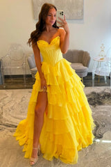 Romantic Yellow Sweetheart Corset Tiered Ruffle Chiffon Ball Gown Prom Dress