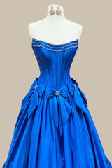 Royal Blue A Line Strapless Prom Dress with Corset Bodice Ball Gown Skirt and Bow Accent