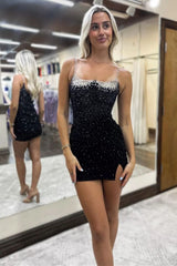 Royal Blue Bodycon Homecoming Dress with Spaghetti Straps Beaded Accents and Side Slit
