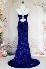 Royal Blue Mermaid Spaghetti Straps Long Sequin Prom Dress with Slit