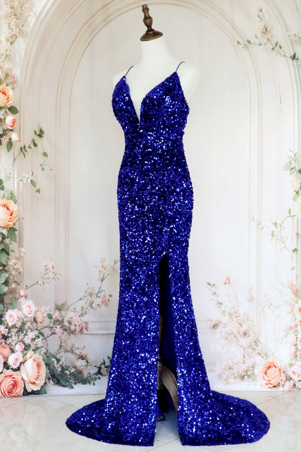 Royal Blue Mermaid Spaghetti Straps Long Sequin Prom Dress with Slit