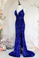 Royal Blue Mermaid Spaghetti Straps Long Sequin Prom Dress with Slit
