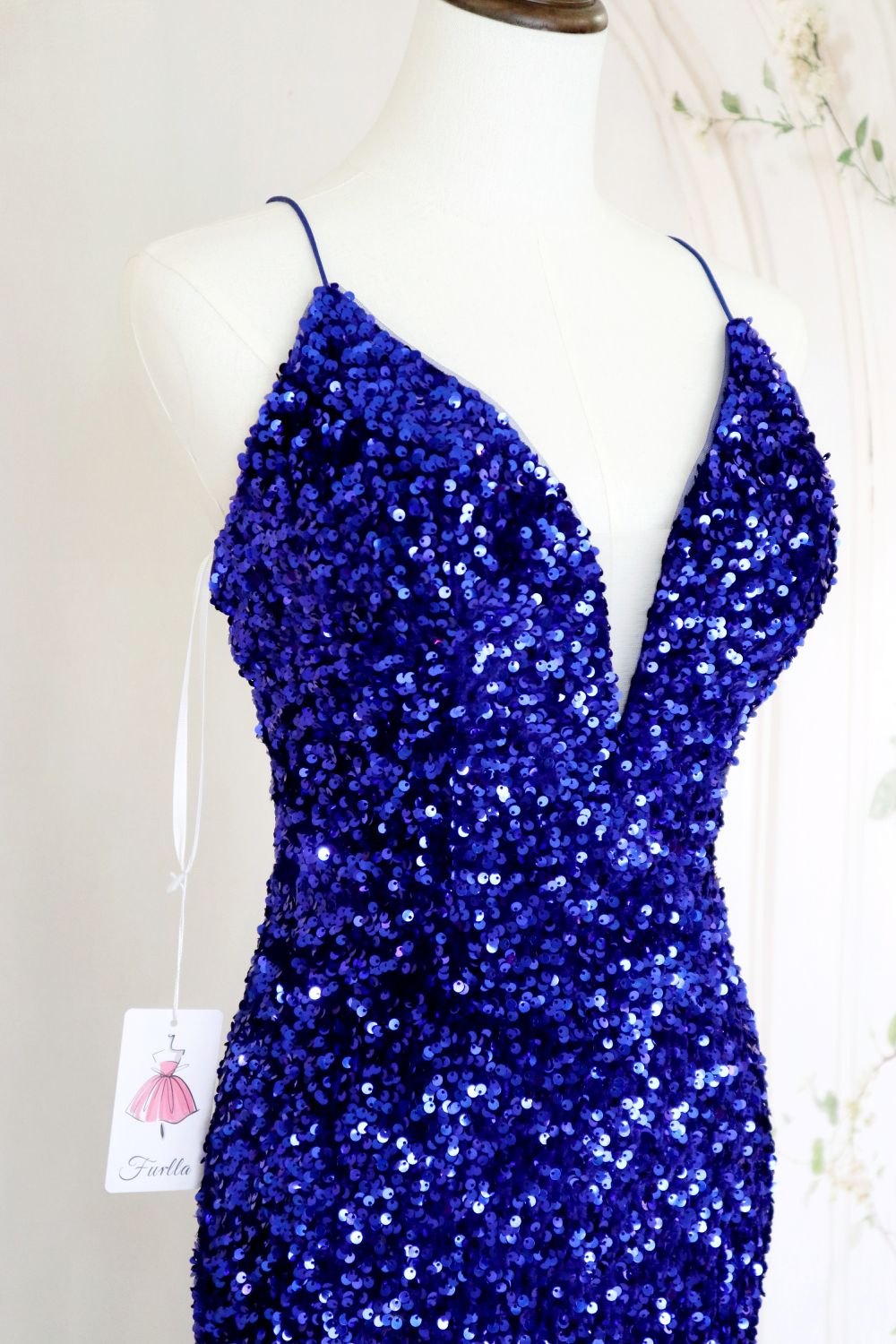 Royal Blue Mermaid Spaghetti Straps Long Sequin Prom Dress with Slit