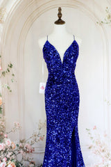 Royal Blue Mermaid Spaghetti Straps Long Sequin Prom Dress with Slit