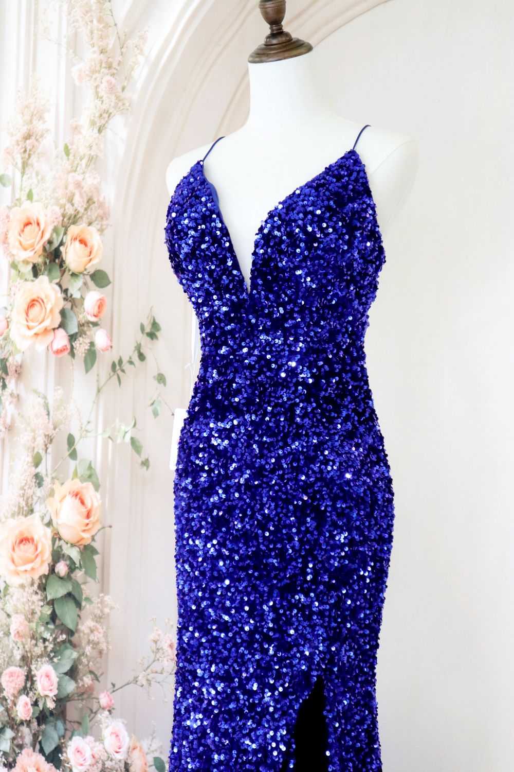 Royal Blue Mermaid Spaghetti Straps Long Sequin Prom Dress with Slit