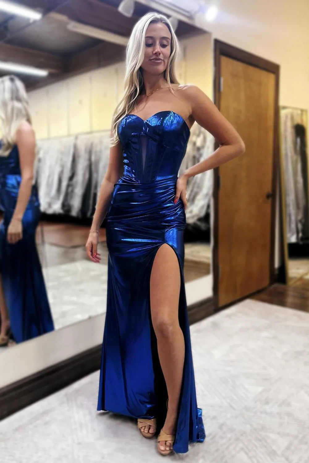 Royal Blue Metallic Strapless Lace Up Prom Dress with Ruched Waist and High Slit