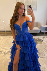 Royal Blue Off Shoulder Sweetheart Prom Dress with Beaded Illusion Bodice and Layered Ruffle Slit Skirt