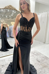 Royal Blue Spaghetti Straps Prom Dress with Lace Top and Slit