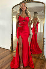 Stylish Royal Blue Spaghetti Straps Waist Hollow Mermaid Satin Prom Dress with Slit