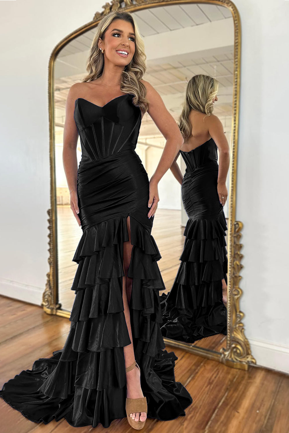 Royal Blue Strapless Satin Prom Dress with Long Ruffle Skirt and Side Slit