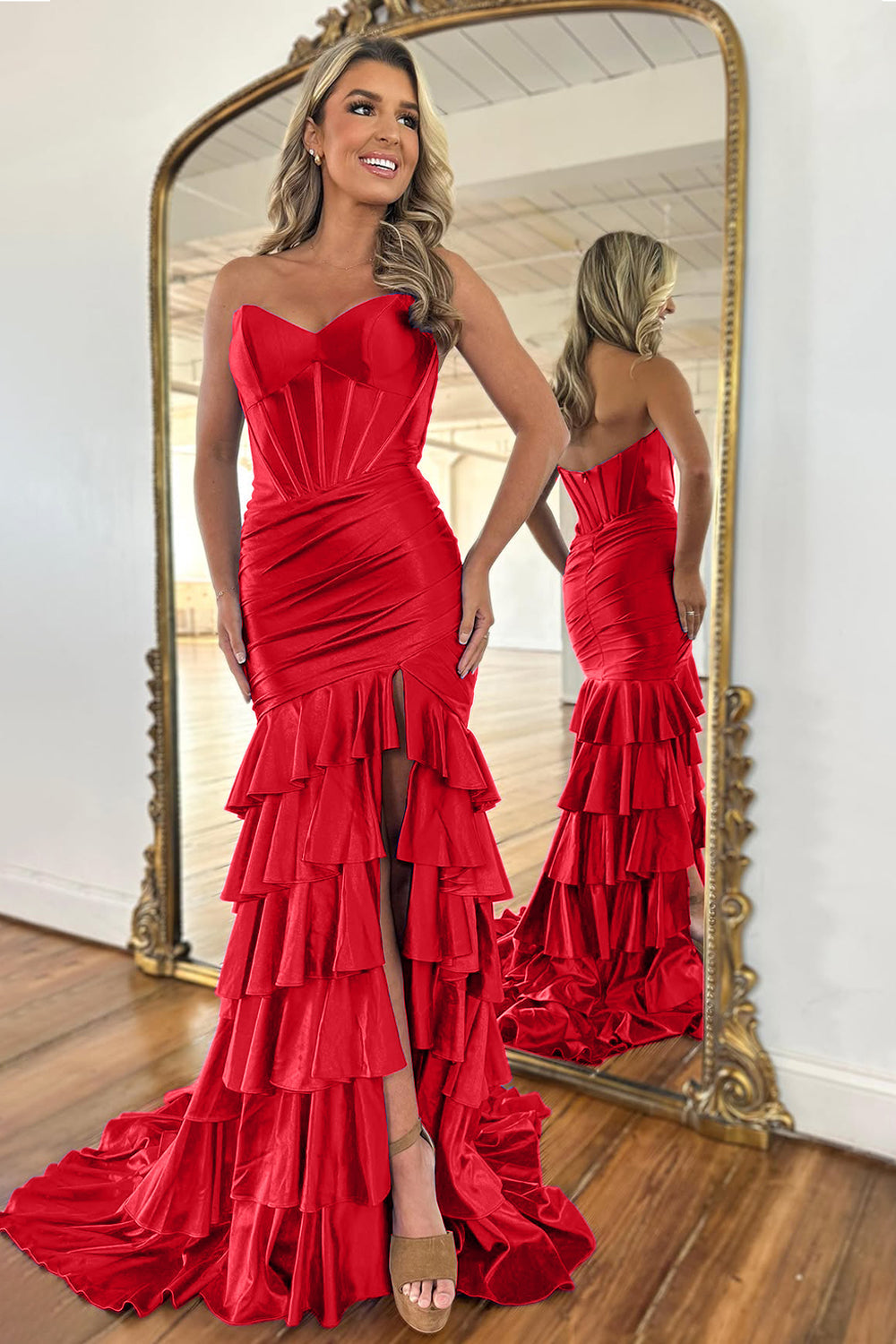 Royal Blue Strapless Satin Prom Dress with Long Ruffle Skirt and Side Slit