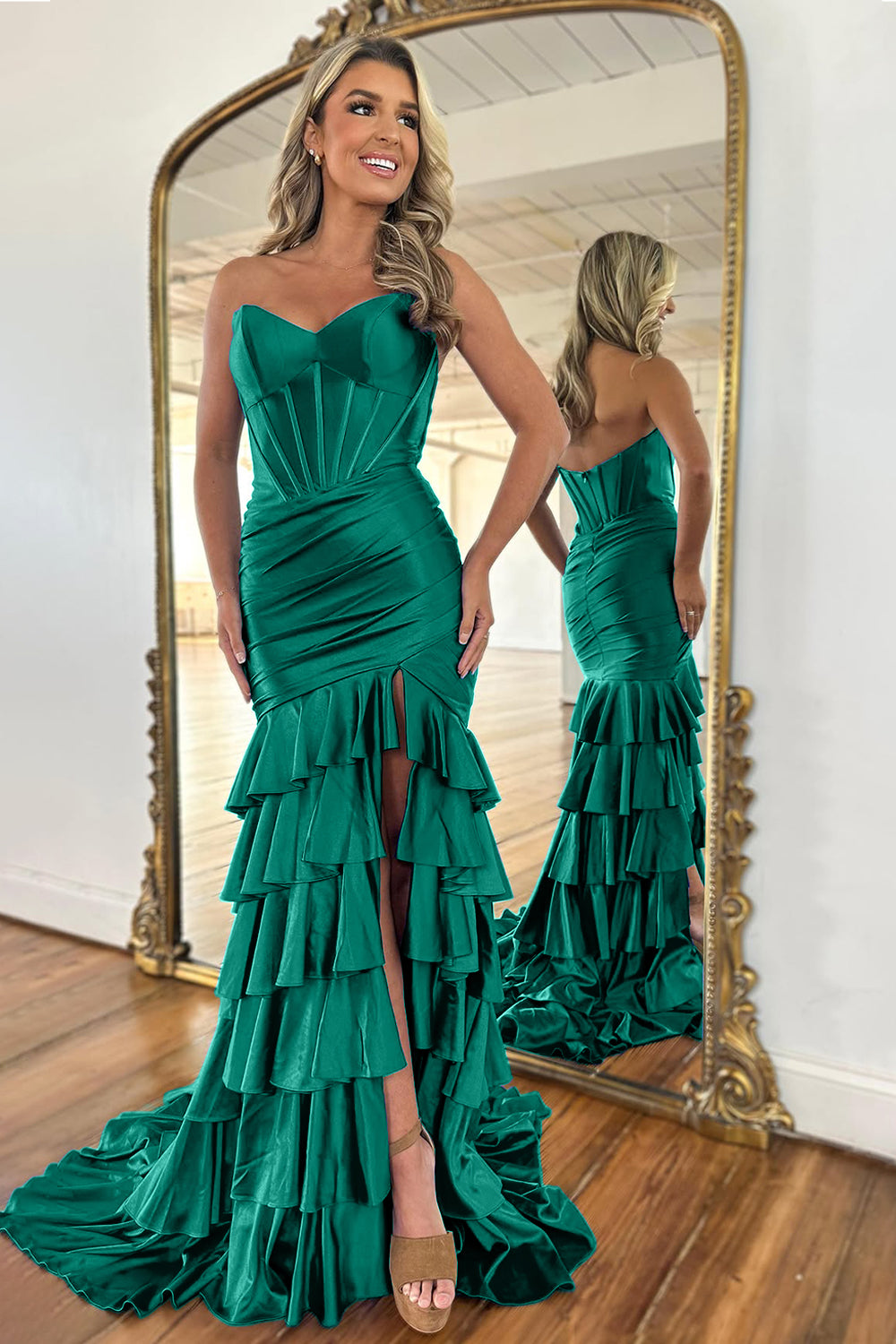 Royal Blue Strapless Satin Prom Dress with Long Ruffle Skirt and Side Slit