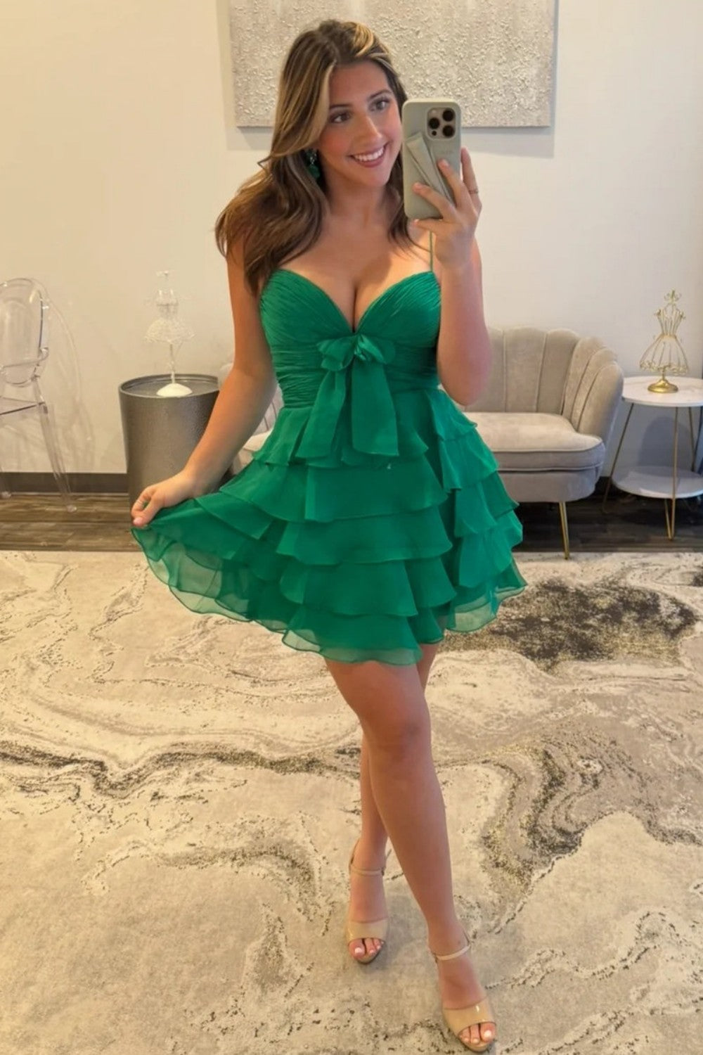 Ruffled Chiffon Homecoming Dress with Bow Detail and Spaghetti Straps