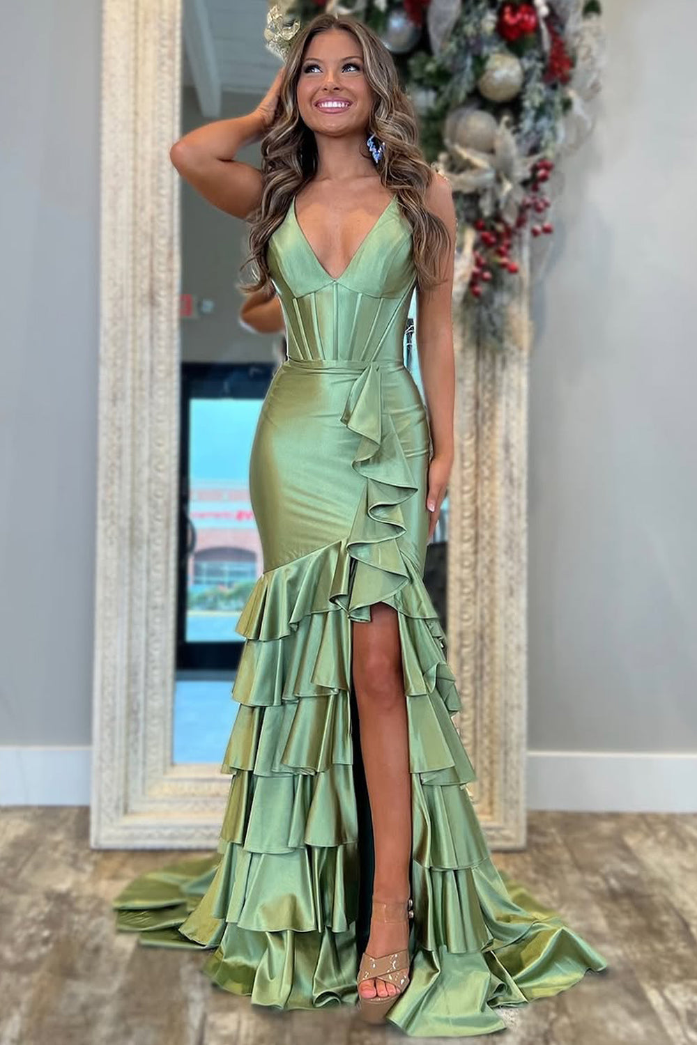 Trendy Mermaid V-Neck Sage Green Long Prom Dress with Ruffles