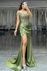 Sage Green Off-Shoulder Embellished Corset Prom Dress with High Slit