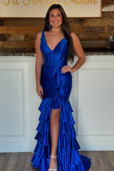 Trendy Mermaid V-Neck Sage Green Long Prom Dress with Ruffles