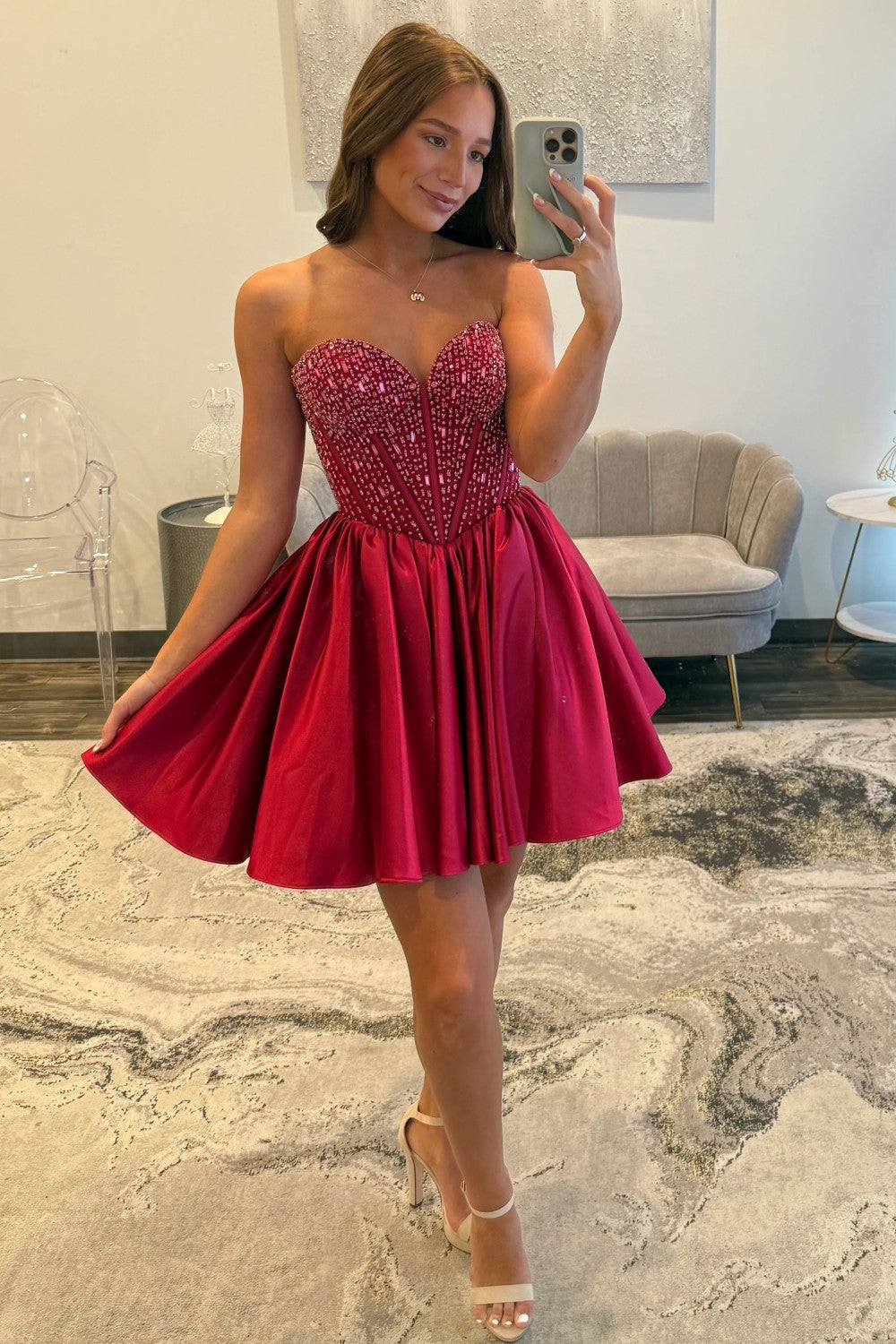 Satin Homecoming Dress with Beaded Corset Bodice and Sweetheart Neckline