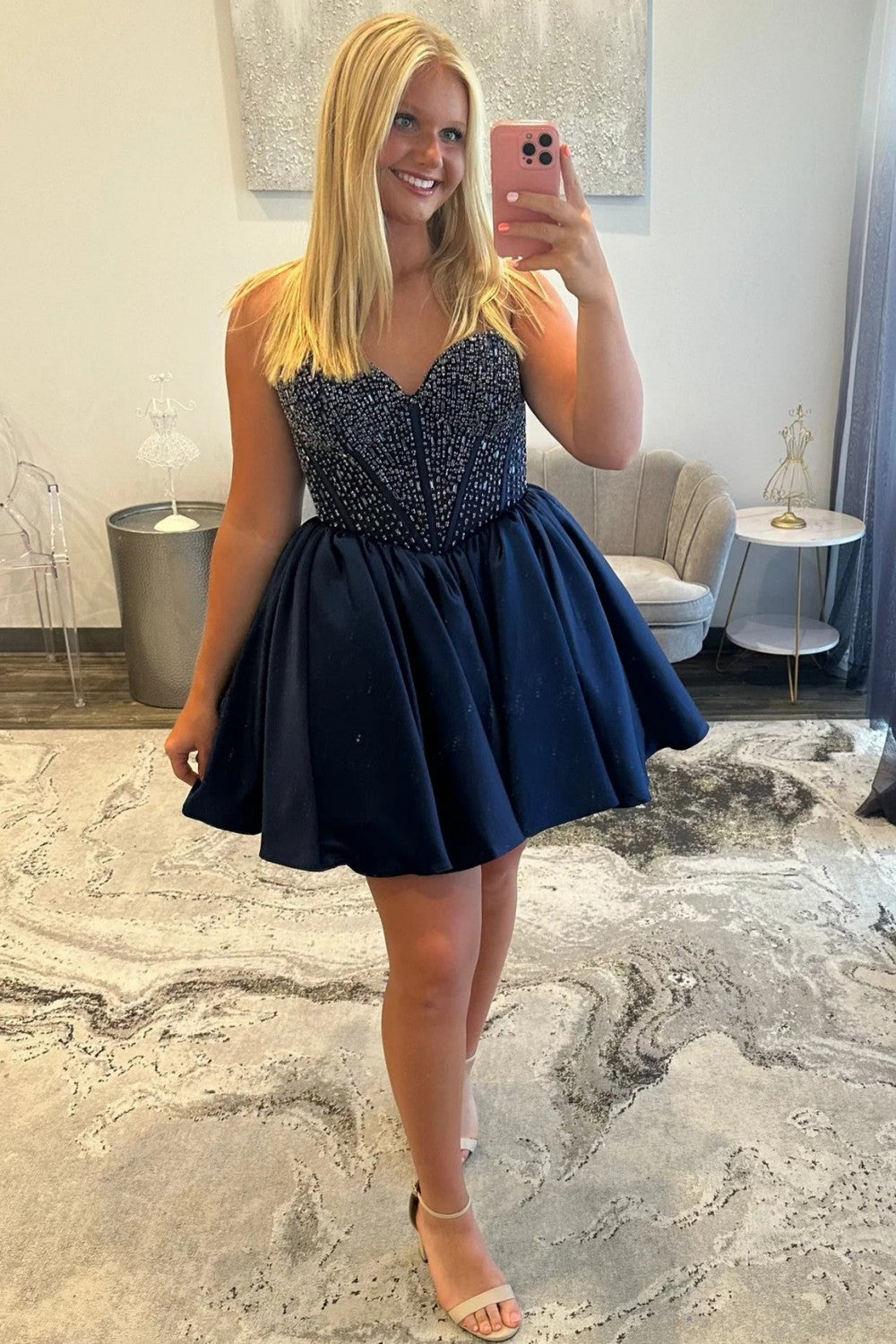 Satin Homecoming Dress with Beaded Corset Bodice and Sweetheart Neckline