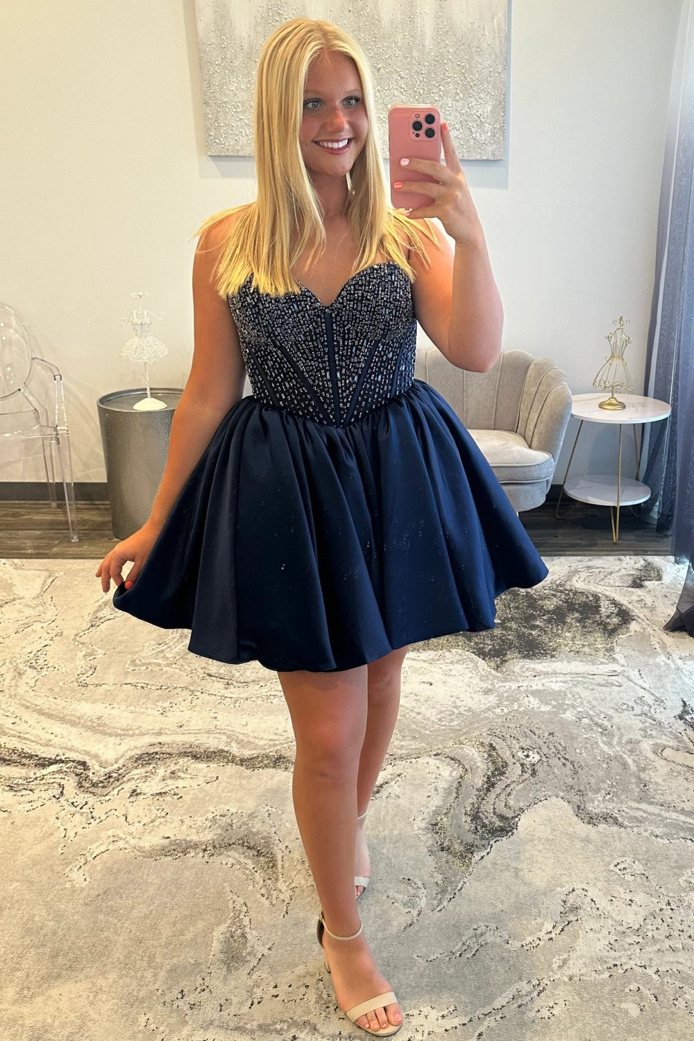 Satin Homecoming Dress with Beaded Corset Bodice and Sweetheart Neckline