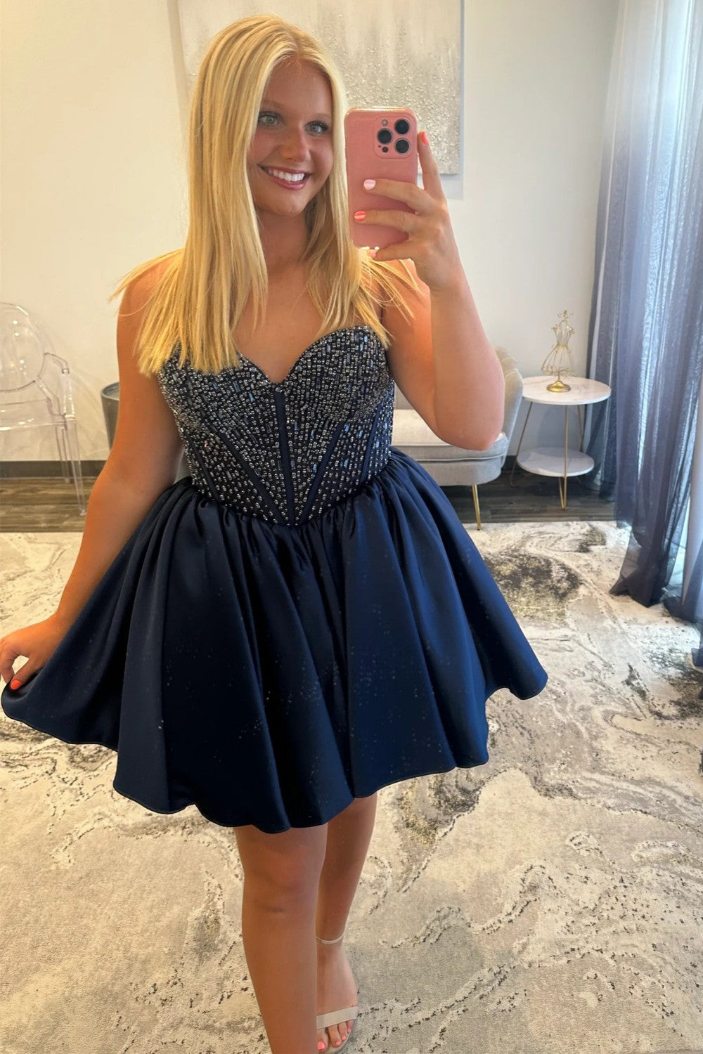 Satin Homecoming Dress with Beaded Corset Bodice and Sweetheart Neckline