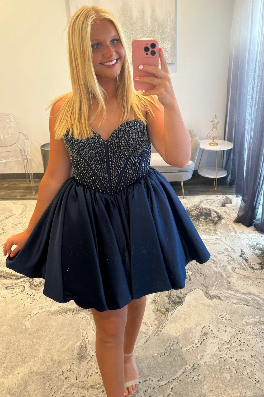 Satin Homecoming Dress with Beaded Corset Bodice and Sweetheart Neckline