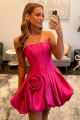Satin Strapless Hot Pink Homecoming Dress with Bubble Hem and 3D Flower