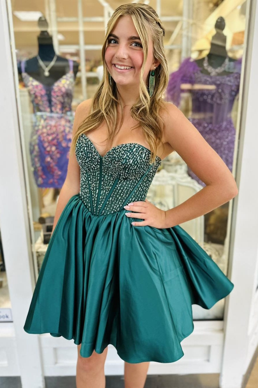 Satin Homecoming Dress with Beaded Corset Bodice and Sweetheart Neckline