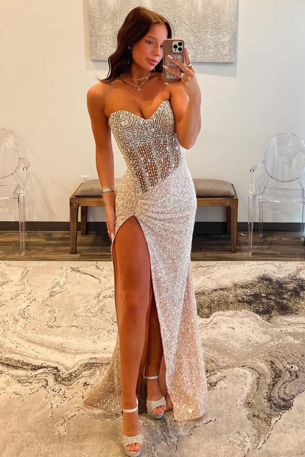 Sequin Champagne Corset Sweetheart High Slit Sparkly Mermaid Prom Dress