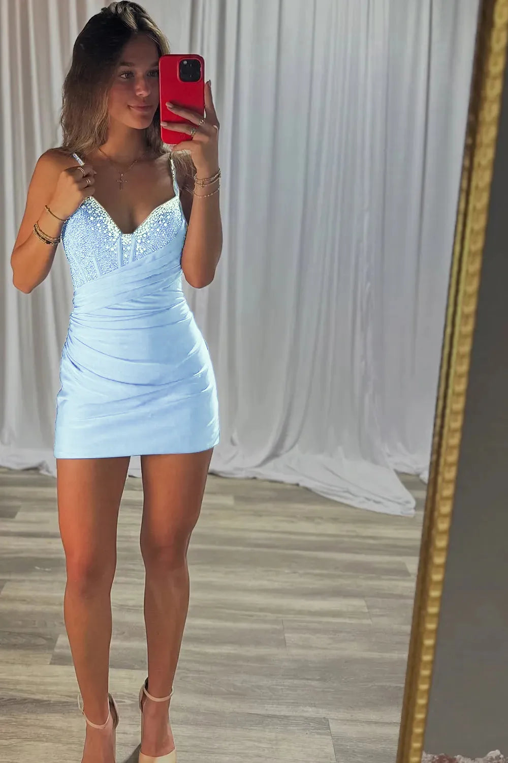 Sexy Glitter Spaghetti Straps Bodycon Homecoming Dress with Beading