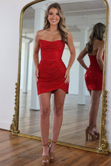 Sexy Red Sheath Homecoming Dress with Ruched Bodice and Glitter Fabric
