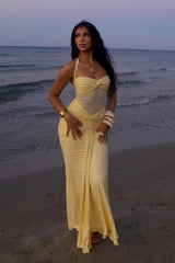 Sexy Yellow Halter Long Mermaid Prom Dress with Ruched Waist Detail