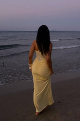 Sexy Yellow Halter Long Mermaid Prom Dress with Ruched Waist Detail