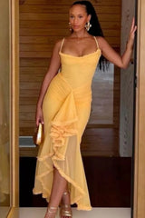 Sexy Yellow Spaghetti Straps Mermaid Prom Gown with Asymmetrical Ruffles
