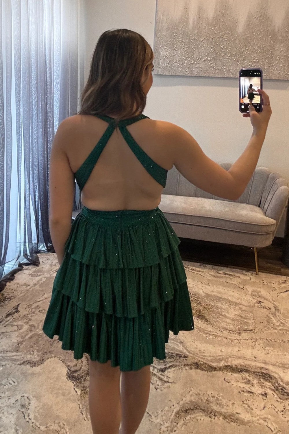 Sexy Deep V-Neck A-Line Cross Back Short Beaded Tiered Homecoming Dress