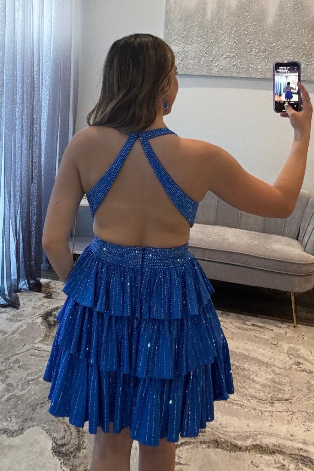 Sexy Deep V-Neck A-Line Cross Back Short Beaded Tiered Homecoming Dress
