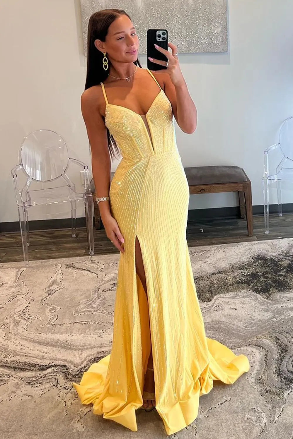 Sparkly Mermaid Spaghetti Straps Red Long Beaded Prom Dress with Beading Slit